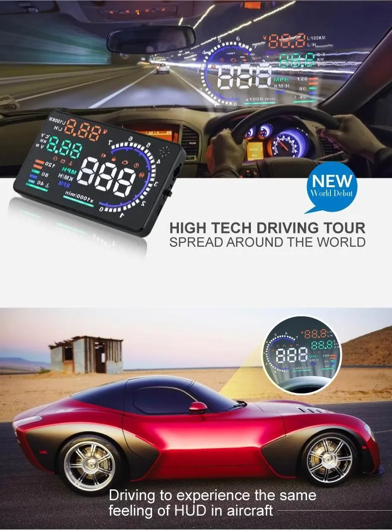 Car Obdii Hud Warning System 5.5 Inch Display Fuel Consumption Speed Alarm Water Temp Fault Diagnosis