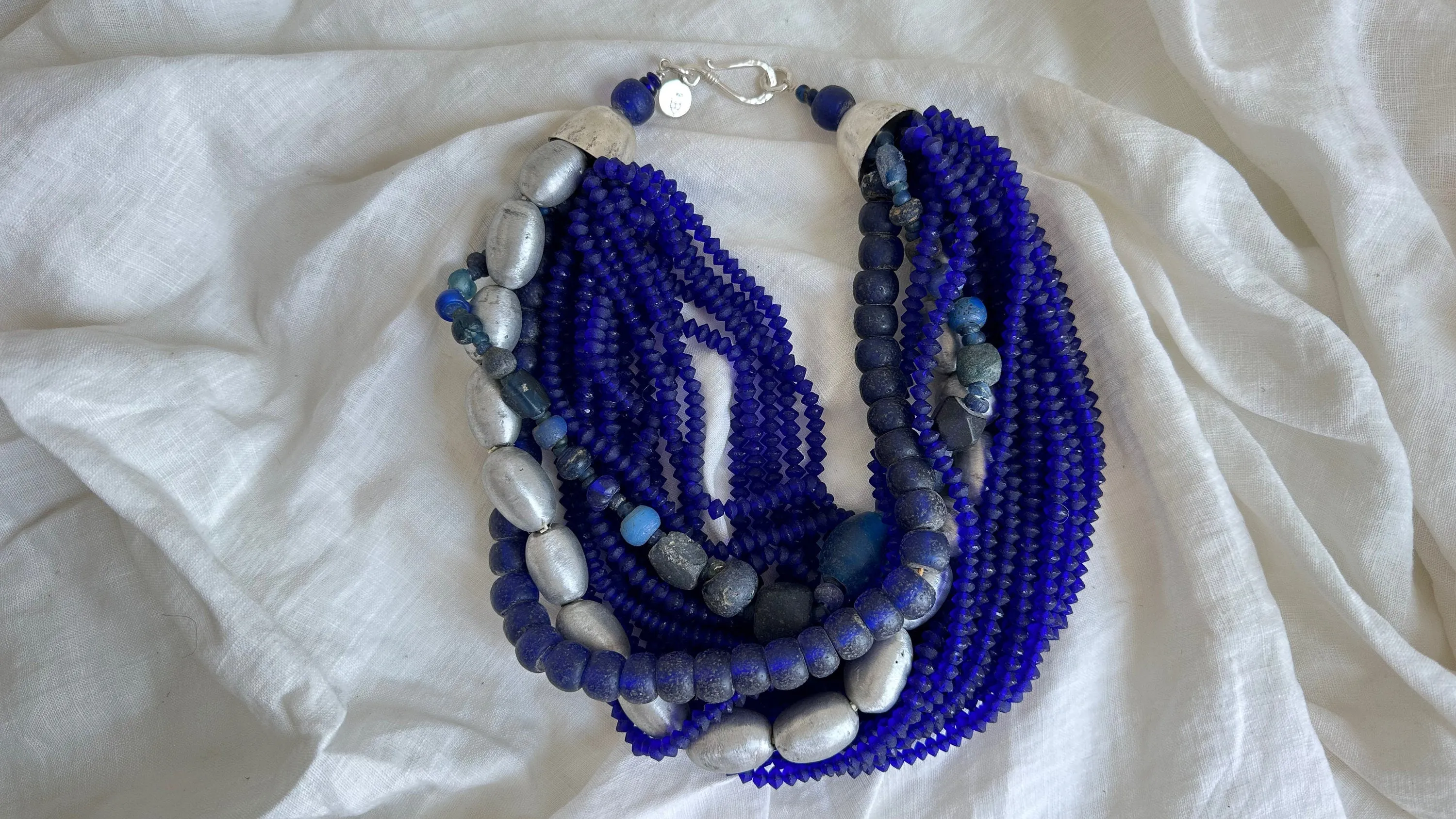 Multi-Strand Necklace. Blues and Silvers. African, Afghani and Nepali Beads. 628