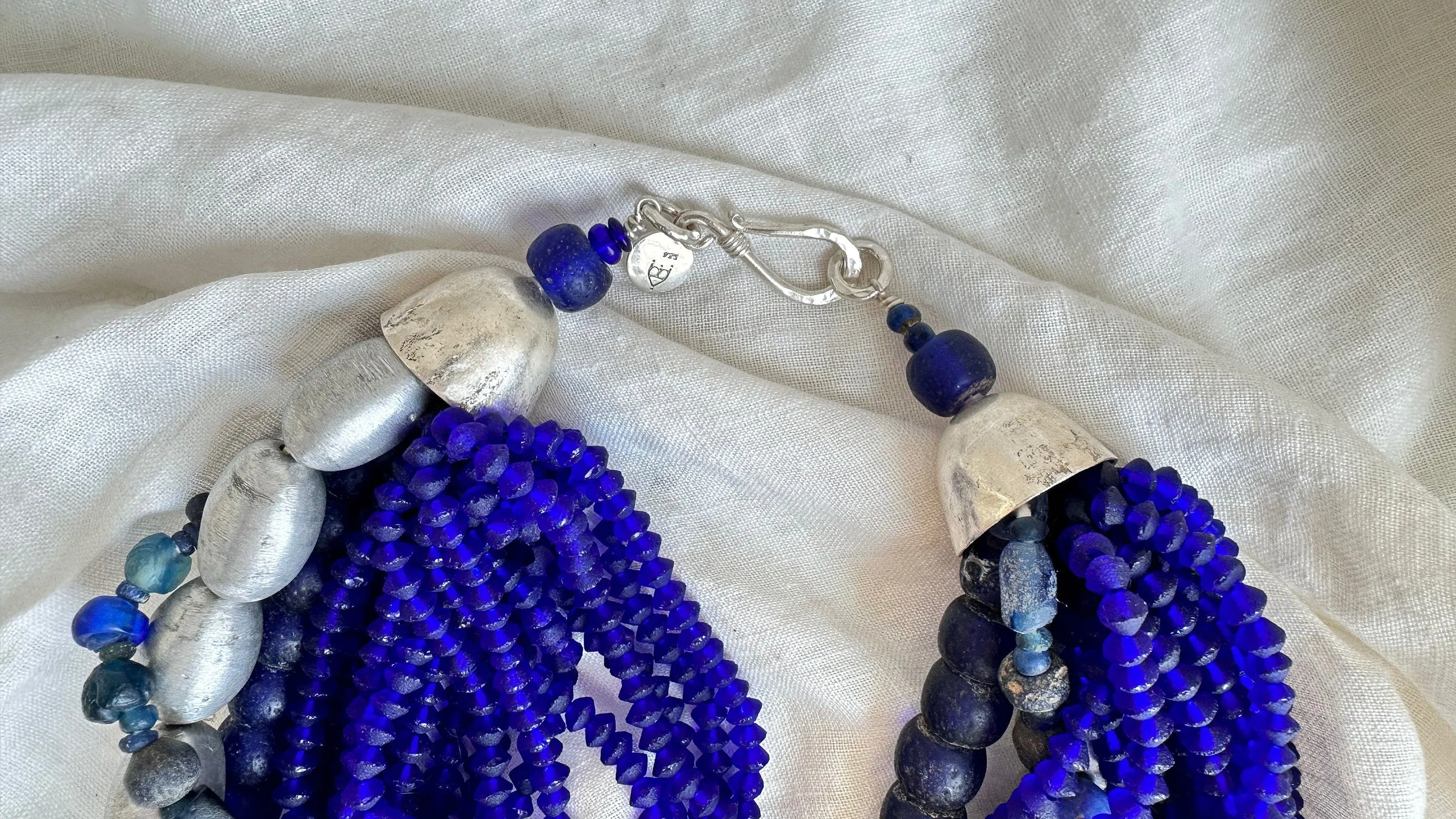 Multi-Strand Necklace. Blues and Silvers. African, Afghani and Nepali Beads. 628