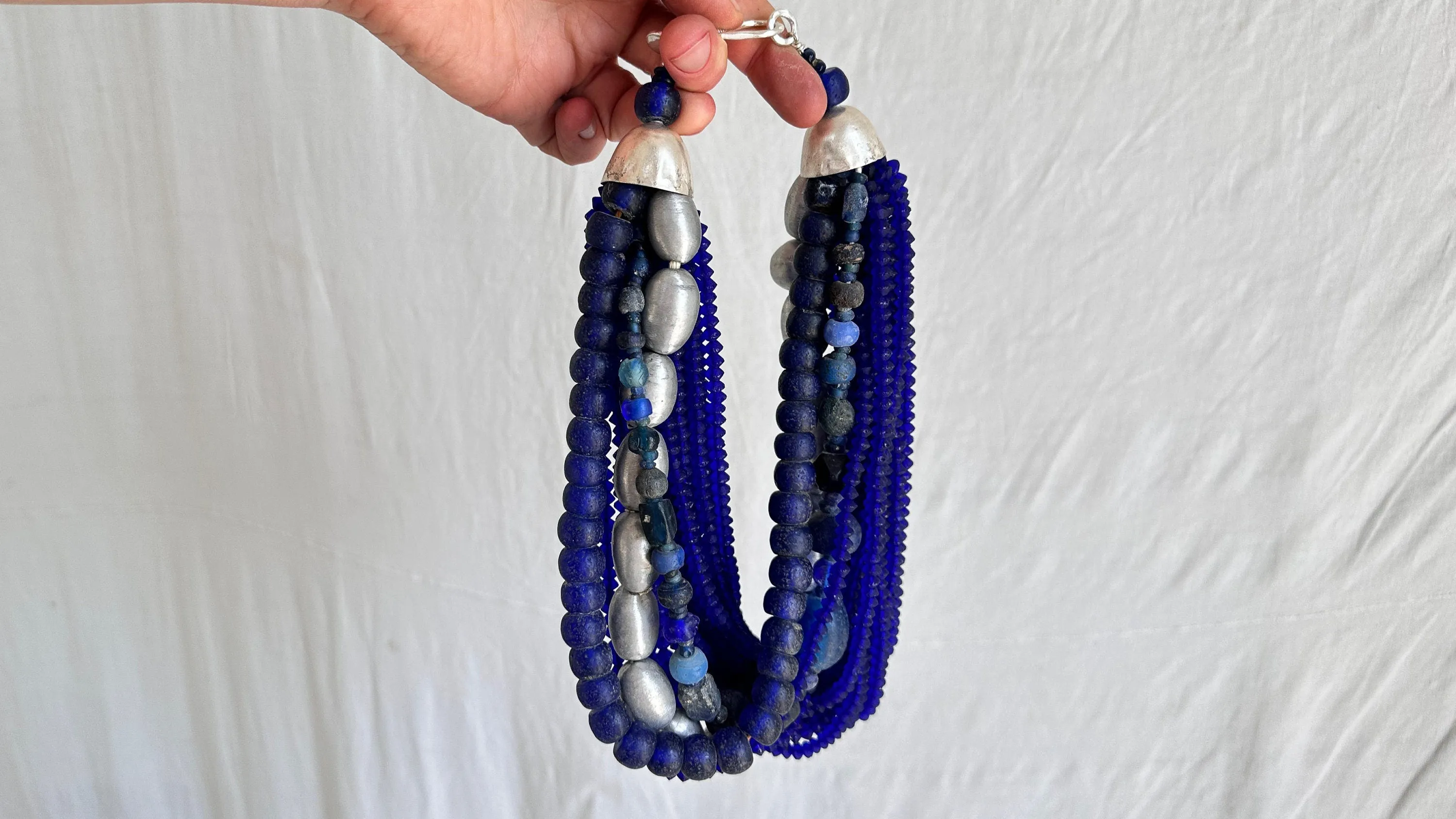 Multi-Strand Necklace. Blues and Silvers. African, Afghani and Nepali Beads. 628