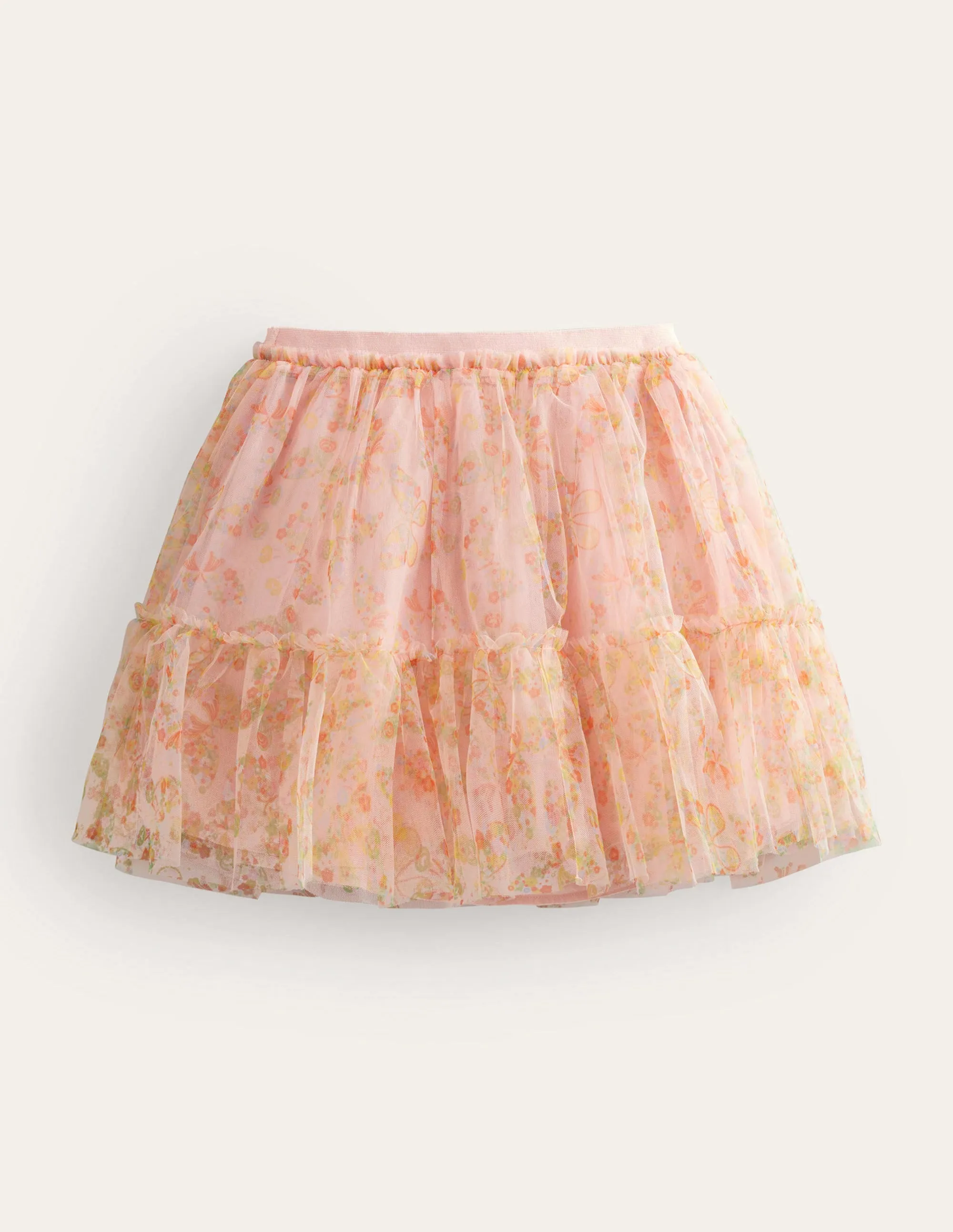 Printed Tiered Tulle Skirt-Rose Pink Butterflies
