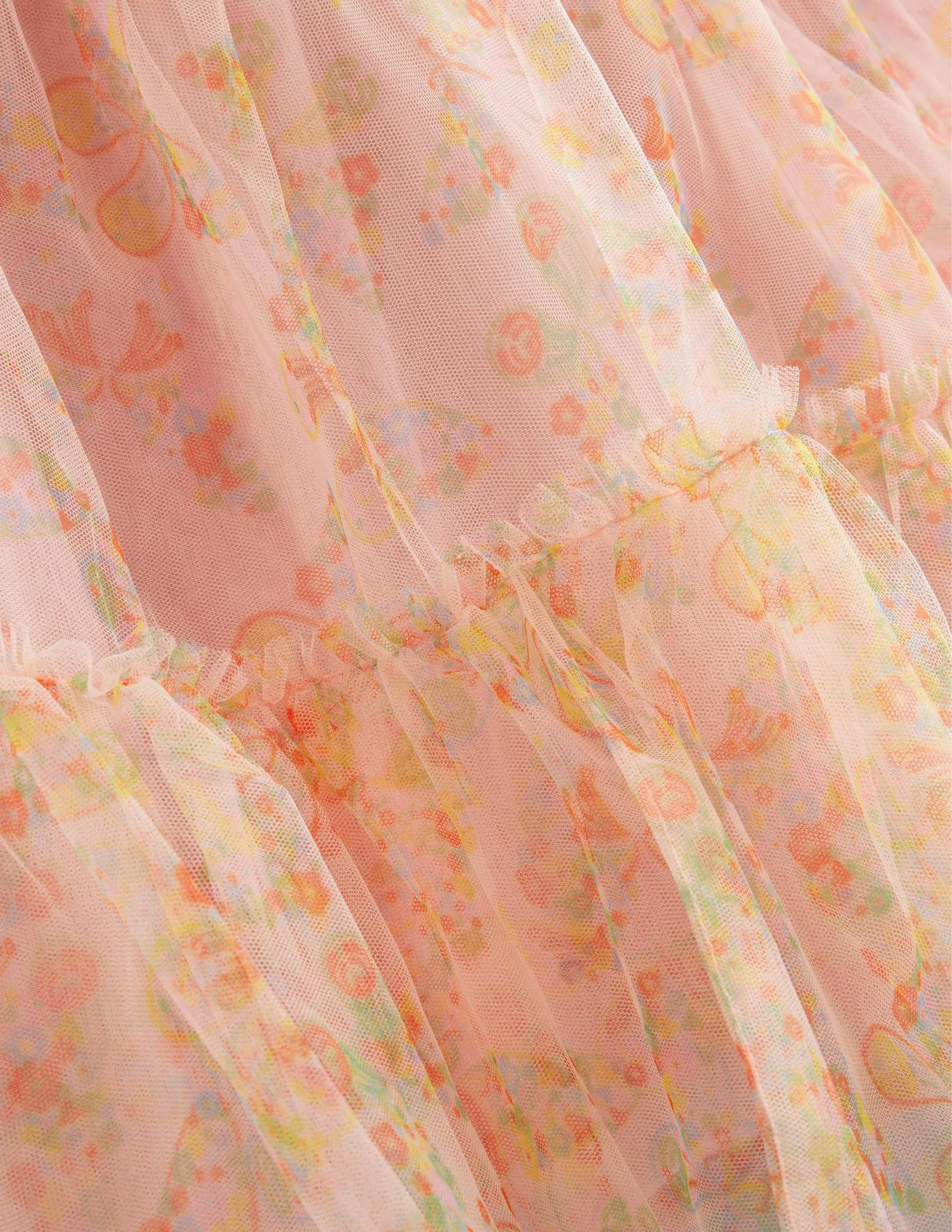 Printed Tiered Tulle Skirt-Rose Pink Butterflies