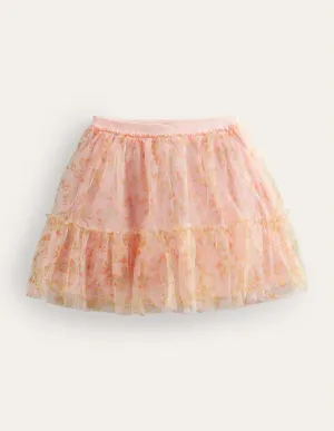 Printed Tiered Tulle Skirt-Rose Pink Butterflies